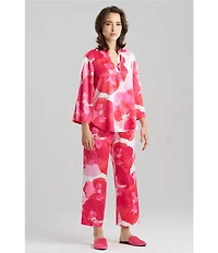 N by Natori Satin Floral Print Long Sleeve Mandarin Collar Long Pajama Set
