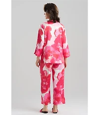 N by Natori Satin Floral Print Long Sleeve Mandarin Collar Long Pajama Set