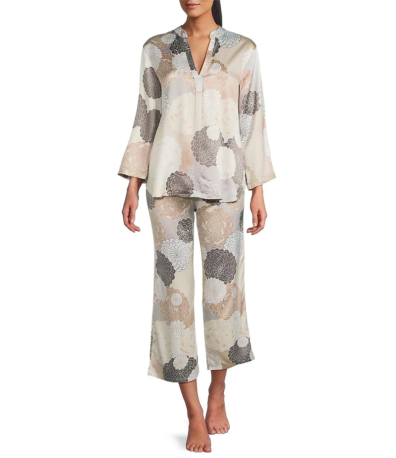 N by Natori Satin Floral Print Long Sleeve Mandarin Collar Pajama Set