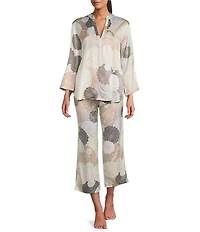 N by Natori Satin Floral Print Long Sleeve Mandarin Collar Pajama Set