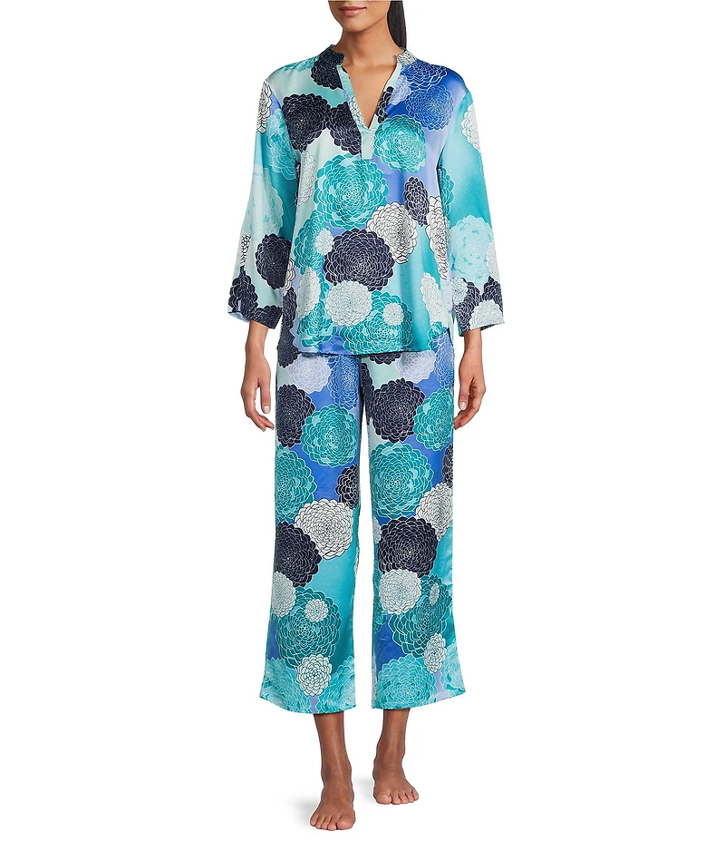 N by Natori Satin Floral Print Long Sleeve Mandarin Collar Pajama Set