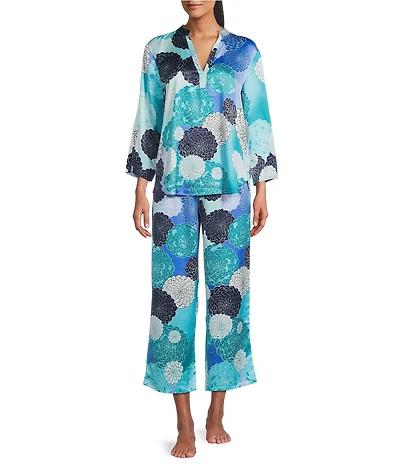 N by Natori Satin Floral Print Long Sleeve Mandarin Collar Pajama Set
