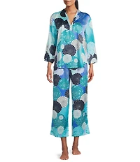 N by Natori Satin Floral Print Long Sleeve Mandarin Collar Pajama Set