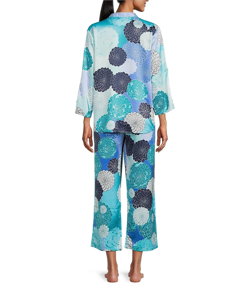 N by Natori Satin Floral Print Long Sleeve Mandarin Collar Pajama Set