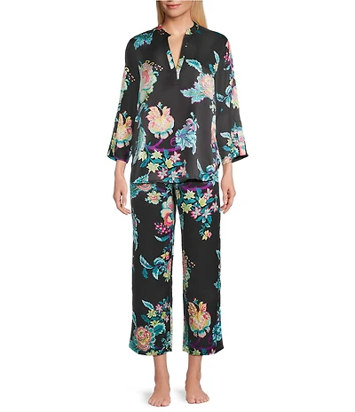 N by Natori Satin Floral Print Long Sleeve Mandarin Collar Pajama Set