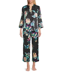N by Natori Satin Floral Print Long Sleeve Mandarin Collar Pajama Set