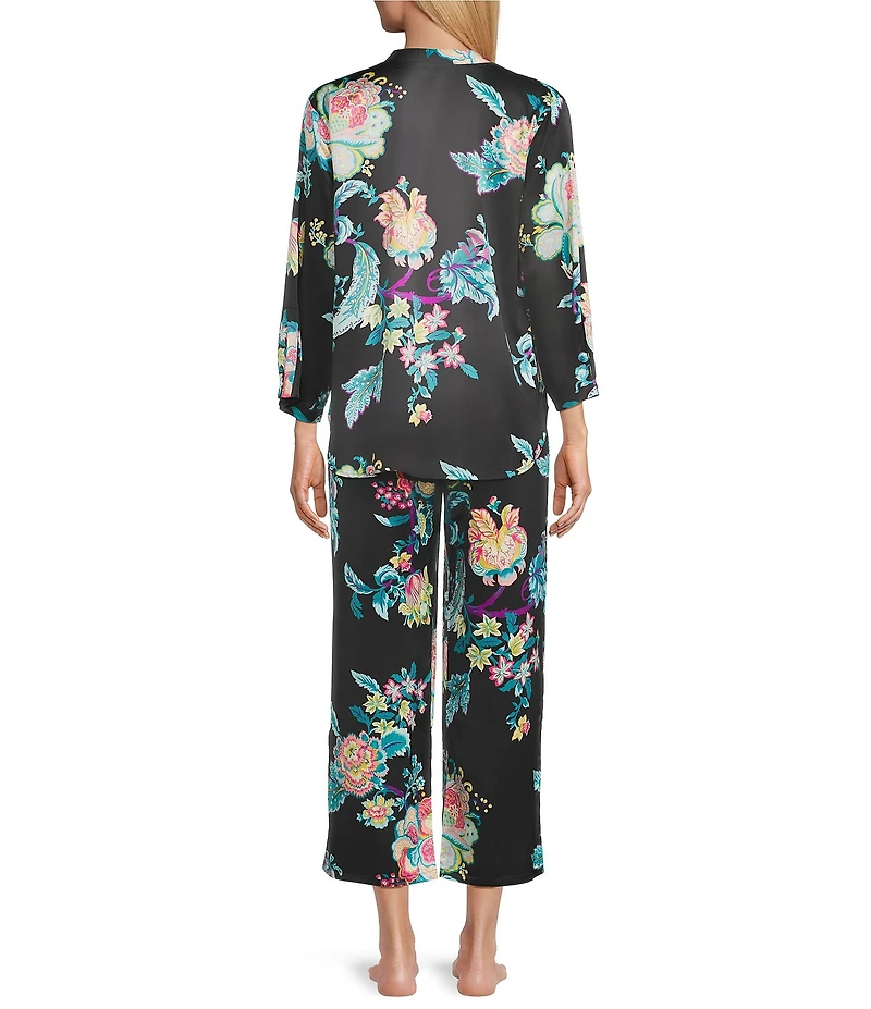 N by Natori Satin Floral Print Long Sleeve Mandarin Collar Pajama Set