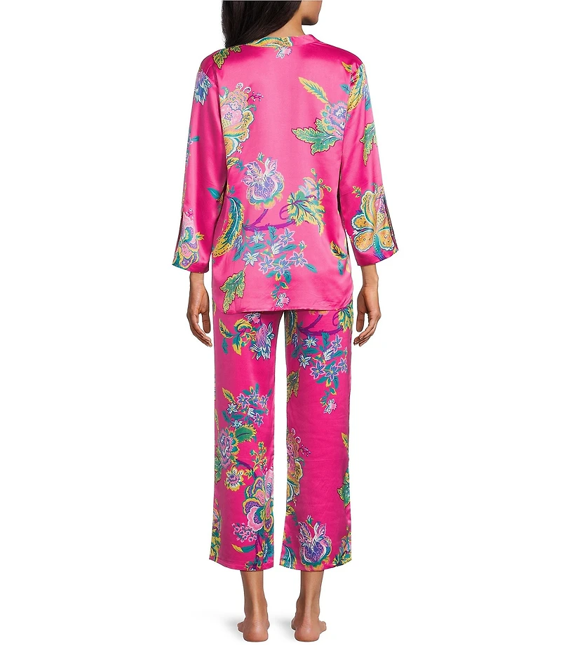 N by Natori Satin Floral Print Long Sleeve Mandarin Collar Pajama Set