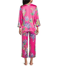 N by Natori Satin Floral Print Long Sleeve Mandarin Collar Pajama Set