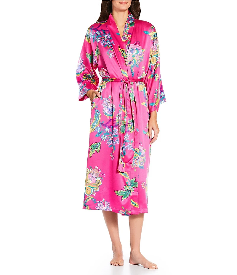 N by Natori Satin Floral Print Long Sleeve Shawl Collar Coordinating Robe