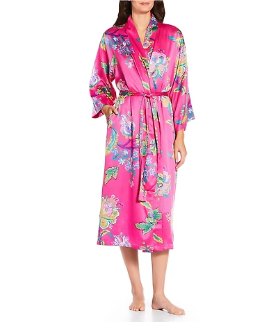N by Natori Satin Floral Print Long Sleeve Shawl Collar Coordinating Robe