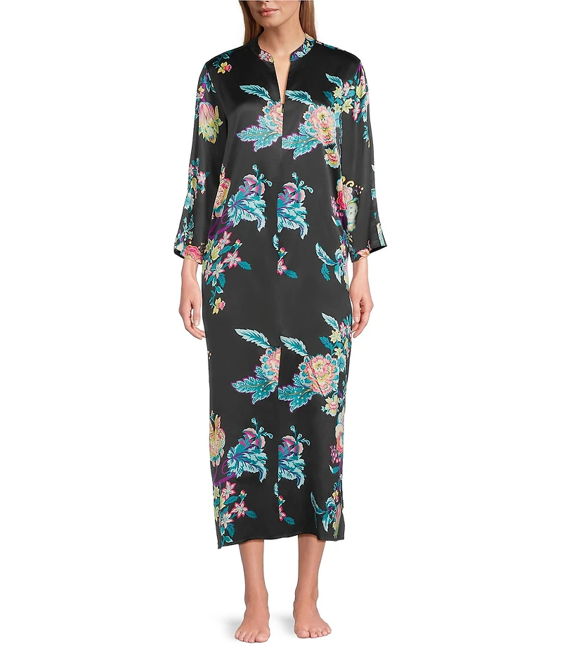 N by Natori Satin Floral Print Long Sleeve Zip Front Caftan