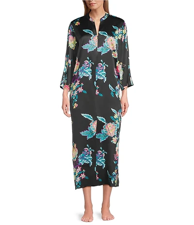 N by Natori Satin Floral Print Long Sleeve Zip Front Caftan