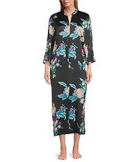 N by Natori Satin Floral Print Long Sleeve Zip Front Caftan