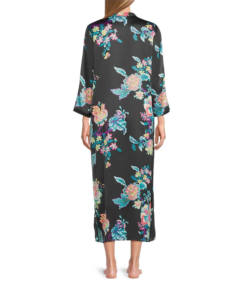 N by Natori Satin Floral Print Long Sleeve Zip Front Caftan