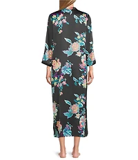 N by Natori Satin Floral Print Long Sleeve Zip Front Caftan