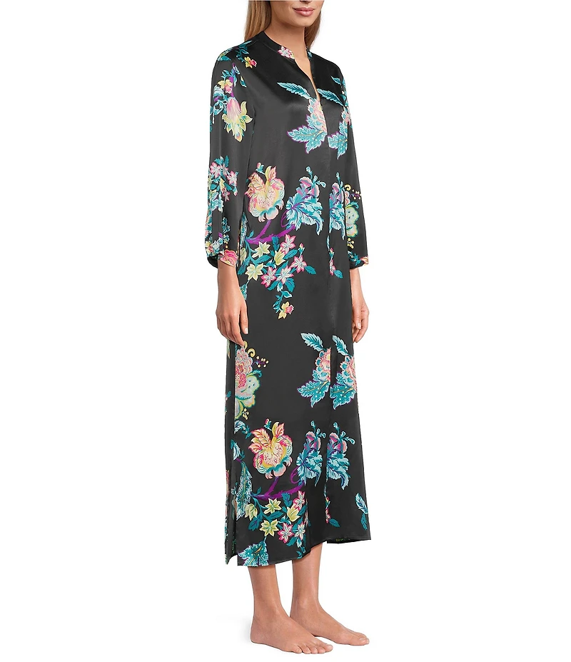 N by Natori Satin Floral Print Long Sleeve Zip Front Caftan