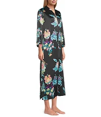 N by Natori Satin Floral Print Long Sleeve Zip Front Caftan