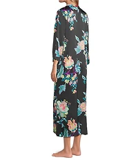 N by Natori Satin Floral Print Long Sleeve Zip Front Caftan