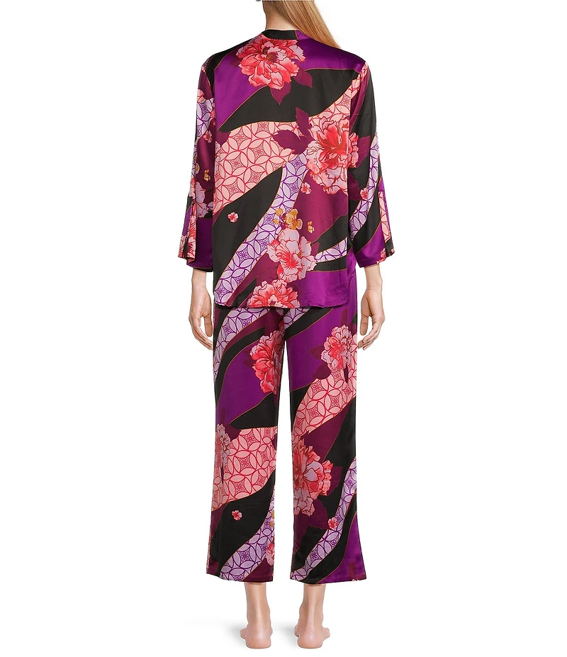 N by Natori Satin Floral Tapestry Print 3/4 Sleeve Coordinating Pajama Set