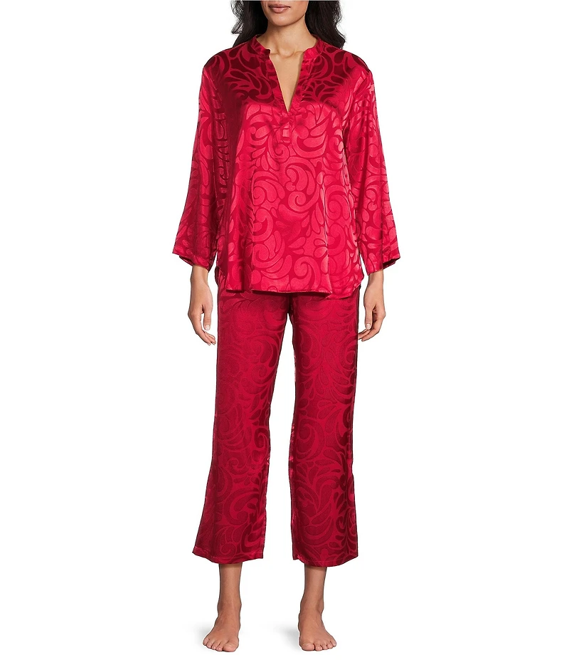 N by Natori Satin Jacquard Scroll Print Long Sleeve Mandarin Collar Pajama Set