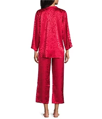 N by Natori Satin Jacquard Scroll Print Long Sleeve Mandarin Collar Pajama Set
