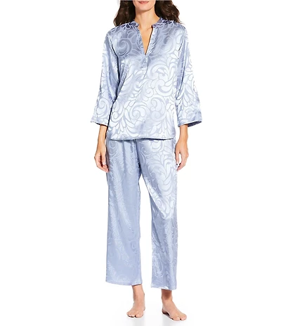 N by Natori Satin Jacquard Scroll Print Long Sleeve Mandarin Collar Pajama Set