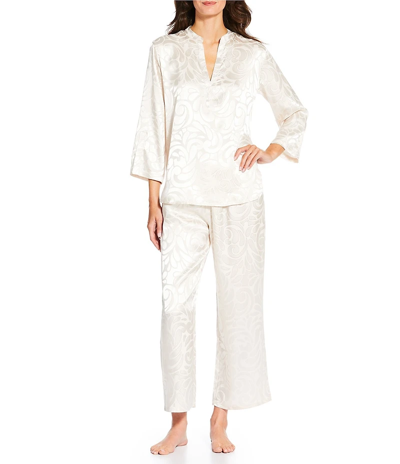 N by Natori Satin Jacquard Scroll Print Long Sleeve Mandarin Collar Pajama Set