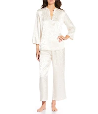 N by Natori Satin Jacquard Scroll Print Long Sleeve Mandarin Collar Pajama Set