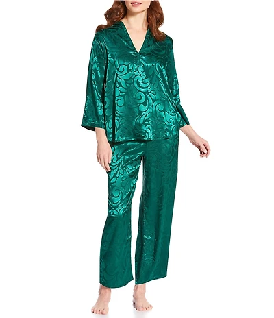 N by Natori Satin Jacquard Scroll Print Long Sleeve Mandarin Collar Pajama Set