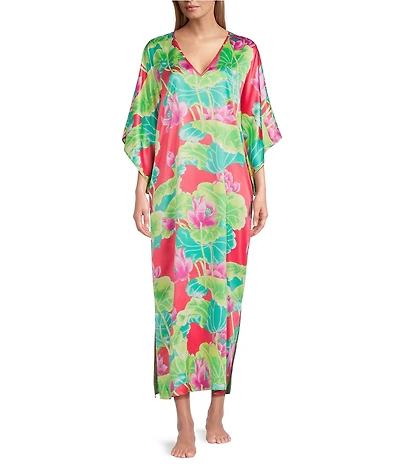 N by Natori Satin Lotus Print 3/4 Sleeve V-Neck Caftan