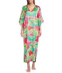 N by Natori Satin Lotus Print 3/4 Sleeve V-Neck Caftan