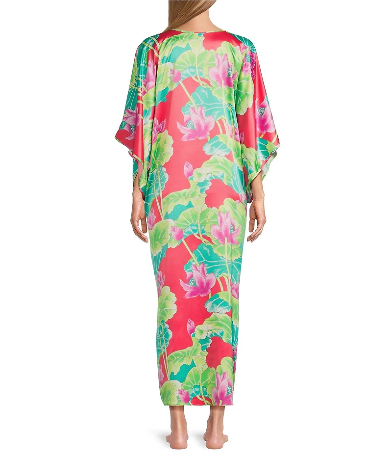 N by Natori Satin Lotus Print 3/4 Sleeve V-Neck Caftan