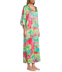 N by Natori Satin Lotus Print 3/4 Sleeve V-Neck Caftan