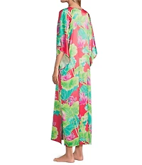 N by Natori Satin Lotus Print 3/4 Sleeve V-Neck Caftan