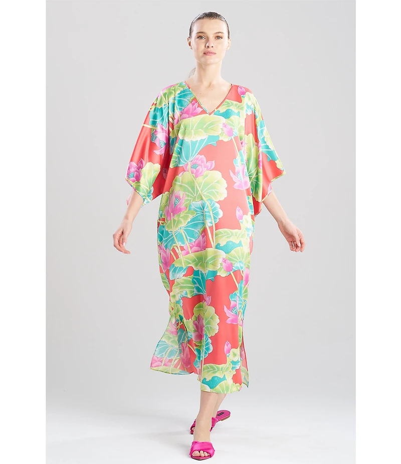 N by Natori Satin Lotus Print 3/4 Sleeve V-Neck Caftan