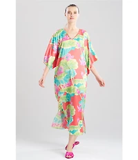 N by Natori Satin Lotus Print 3/4 Sleeve V-Neck Caftan