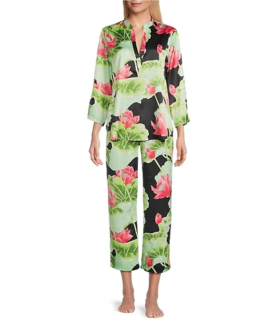 N by Natori Satin Lotus Print Long Sleeve Mandarin Collar Long Pajama Set