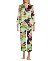 N by Natori Satin Lotus Print Long Sleeve Mandarin Collar Long Pajama Set