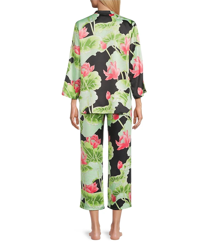 N by Natori Satin Lotus Print Long Sleeve Mandarin Collar Long Pajama Set