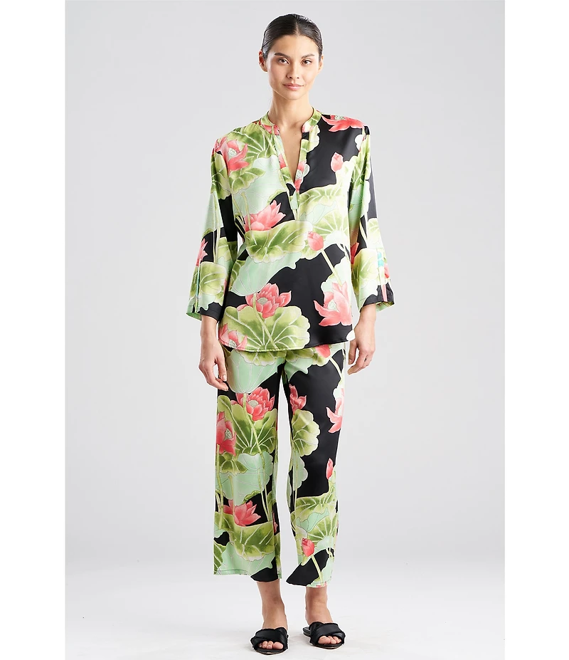 N by Natori Satin Lotus Print Long Sleeve Mandarin Collar Long Pajama Set