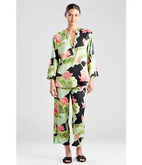 N by Natori Satin Lotus Print Long Sleeve Mandarin Collar Long Pajama Set