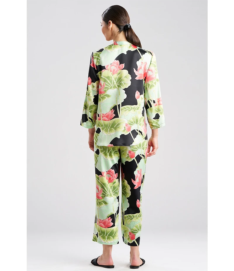 N by Natori Satin Lotus Print Long Sleeve Mandarin Collar Long Pajama Set