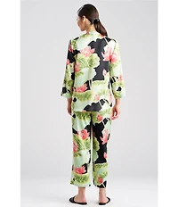 N by Natori Satin Lotus Print Long Sleeve Mandarin Collar Long Pajama Set