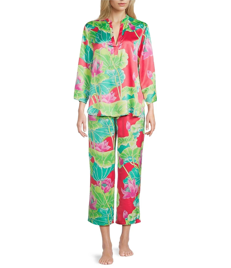 N by Natori Satin Lotus Print Long Sleeve Mandarin Collar Long Pajama Set
