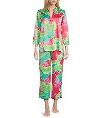 N by Natori Satin Lotus Print Long Sleeve Mandarin Collar Long Pajama Set