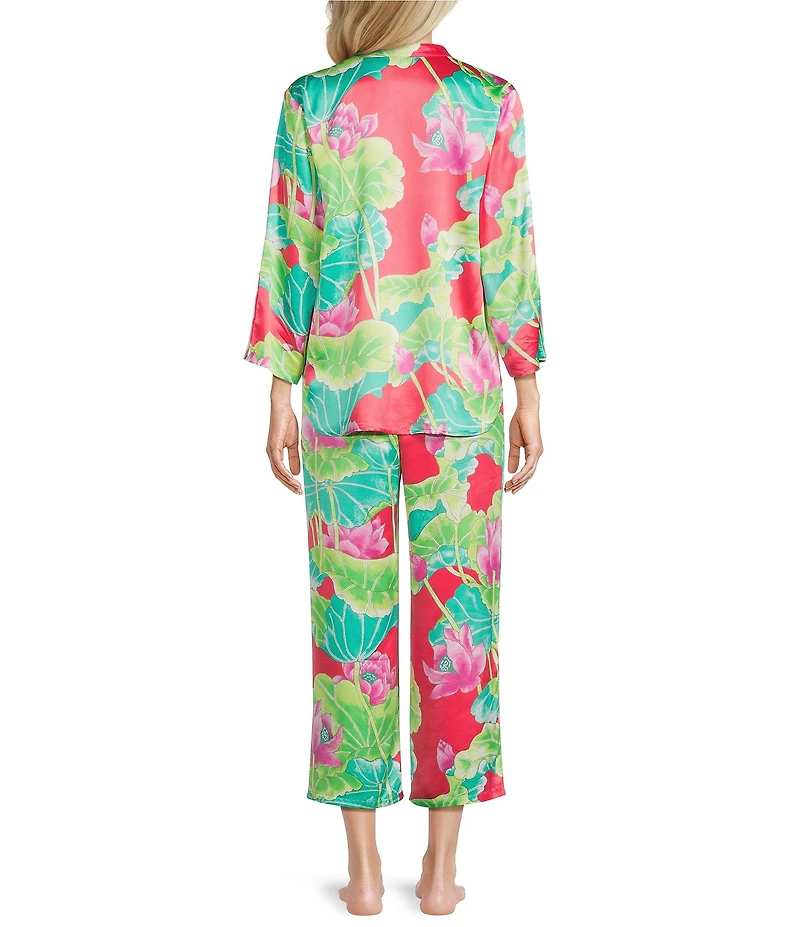 N by Natori Satin Lotus Print Long Sleeve Mandarin Collar Long Pajama Set