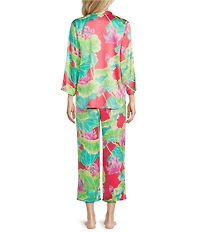 N by Natori Satin Lotus Print Long Sleeve Mandarin Collar Long Pajama Set