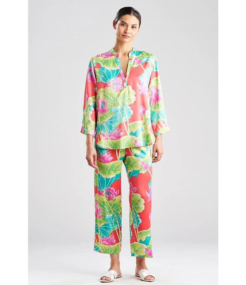 N by Natori Satin Lotus Print Long Sleeve Mandarin Collar Long Pajama Set