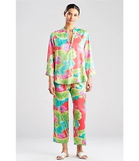 N by Natori Satin Lotus Print Long Sleeve Mandarin Collar Long Pajama Set